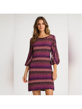 Trina Turk Zigzag Knit Dress Multicolor Pink Purple Shift Mini Lined Size Large